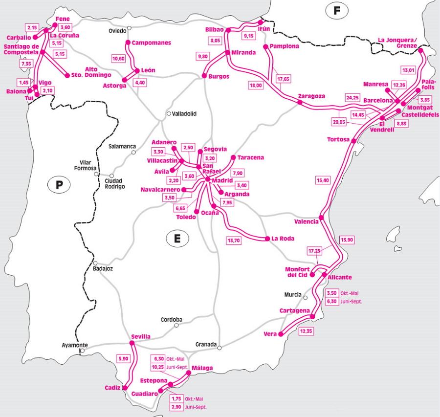 Scheme of paid roads of Spain